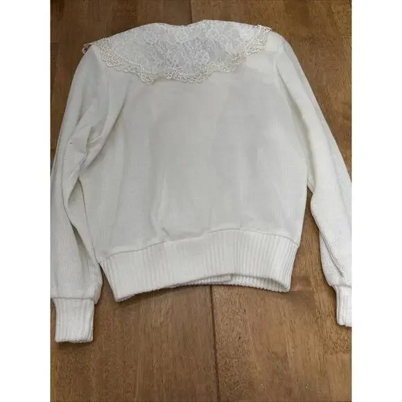 VTG Sweater Womens Sz S Lace Collar Double Breasted Gold Buttons Cottagecore - Picture 12 of 12